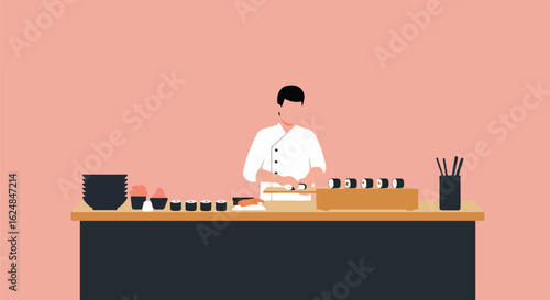 Chef preparing sushi at a counter, with plates on a pink background