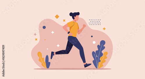 Woman jogging in a park. Abstract design elements background. Lifestyle use