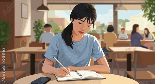 Woman writing in notebook at cafe, with people in the background, for blog use