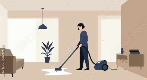 Vacuuming spilled liquid in a modern room with furniture and decorations