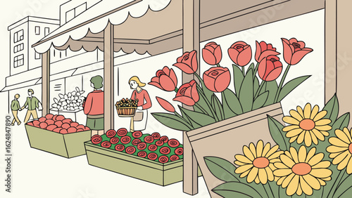 Illustration of a flower market scene with people flowers buildings and market stalls in a city setting