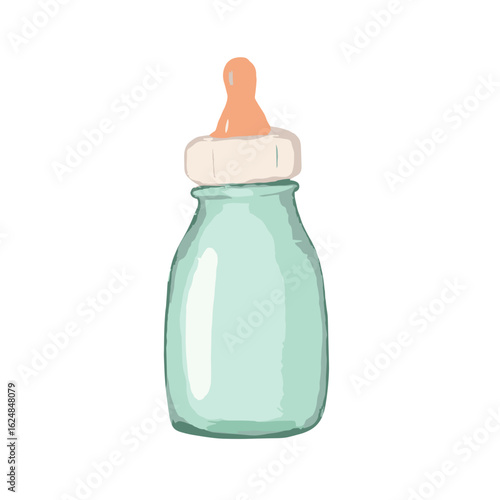 Baby bottle in blue color with orange nipple on white background  