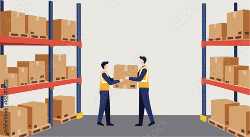 Workers pass package in warehouse; shelves stocked with boxes in the background