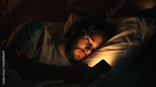 A young man lies in bed at night, illuminated by his smartphone screen, appearing focused or contemplative in a dimly lit room.