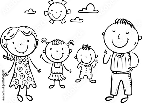 Black and white family members. Parents with kids. Isolated characters