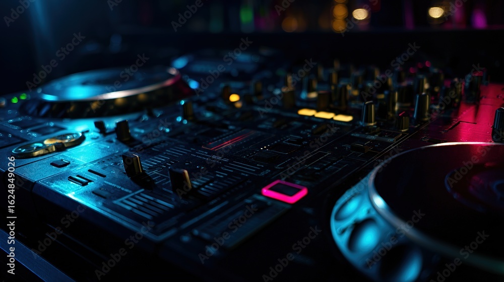 Obraz premium A close-up of glowing DJ equipment with vibrant lights in a dark, atmospheric club.