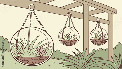 Illustration of three hanging terrariums with plants and rocks suspended from a wooden structure outdoors