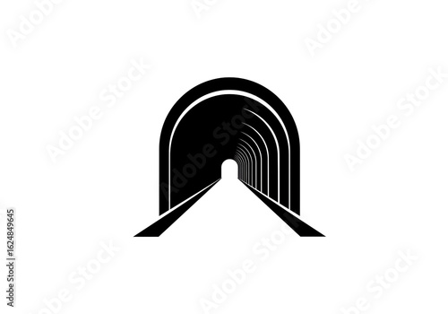 Black and White Tunnel with Concentric Arches and Parallel Tracks – Geometric Depth and Perspective Illustration