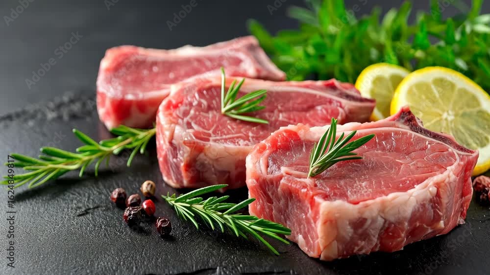 Raw Lamb Chops with Rosemary, Lemon, and Pepper on a Dark Slate Background Raw Lamb Chops with Rosemary, Lemon, and Pepper on a Dark Slate Background