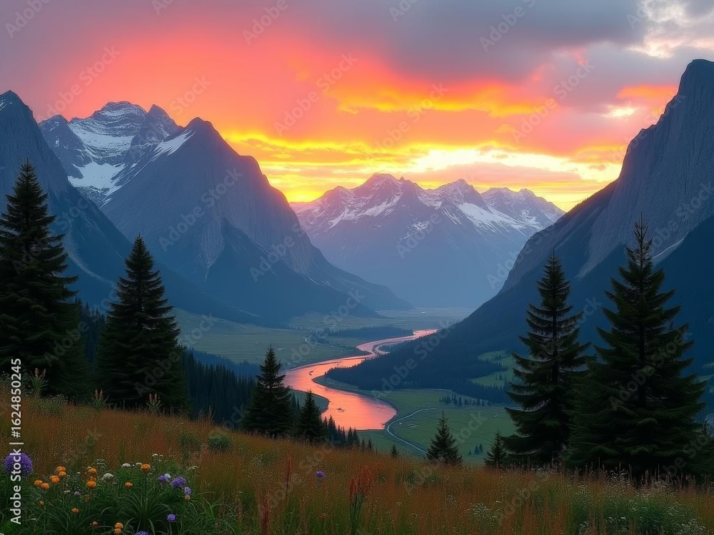 Obraz premium Coucher de soleil flamboyant sur vallée montagneuse et rivière serpentant entre sommets majestueux et forêts verdoyantes