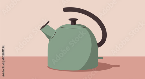 Teal tea kettle on table. Minimalist background, for tea making, in the kitchen