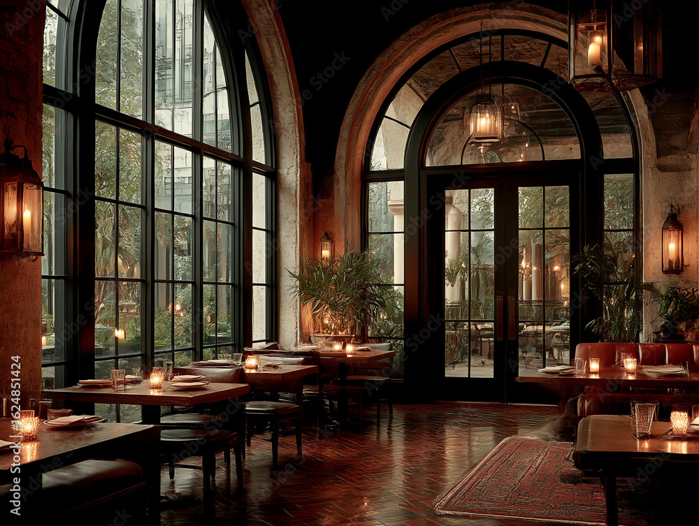 Fototapeta premium A restaurant interior with floor-to-ceiling arched windows
