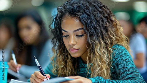 Focused African American Female Student Studying and Taking Notes in a Classroom