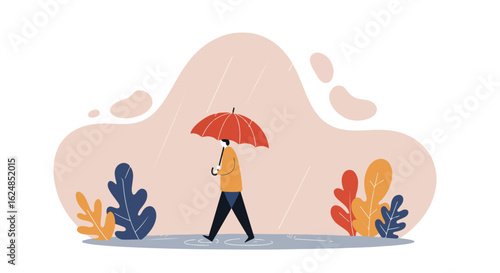 Flat style person walks with umbrella through puddles on a rainy day. Abstract plants