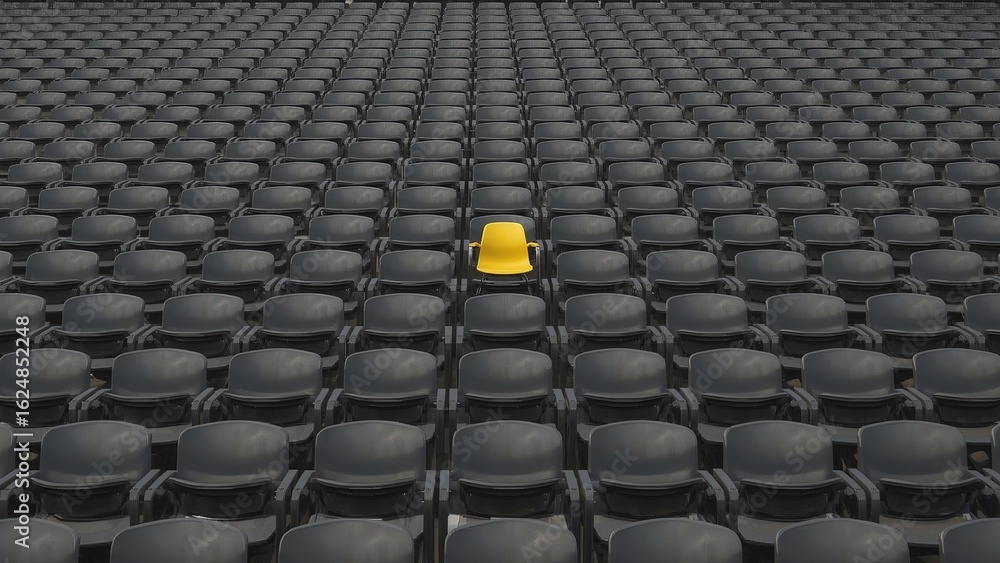 Fototapeta premium A vibrant yellow chair stands out among rows of black seats in a vast arena, symbolizing individuality in a sea of uniformity.