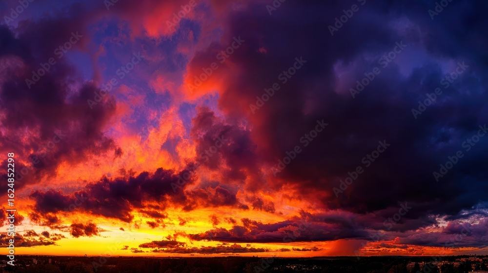 Fototapeta premium Vibrant sunset sky with golden light and dramatic cloud patterns at dusk