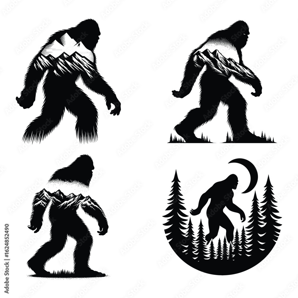 Fototapeta premium Four bigfoot sasquatch silhouettes filled with mountain forest landscapes and a moonlit forest scene silhouette