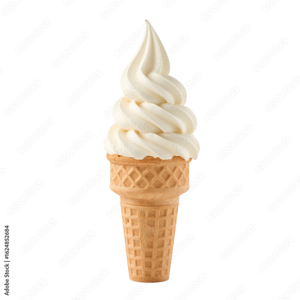 Vanilla swirl delight: A solitary ice cream cone on transparent field against emptiness Vanilla swirl delight: A solitary ice cream cone on transparent field against emptiness
