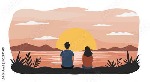Couple sitting by lake watching sunset against mountains. For travel blogs