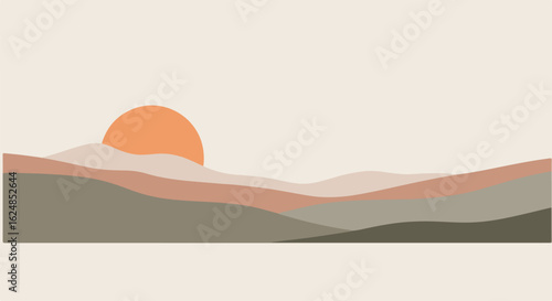 Calm, scenic landscape of hills with rising sun, graphic backdrop, simple design use