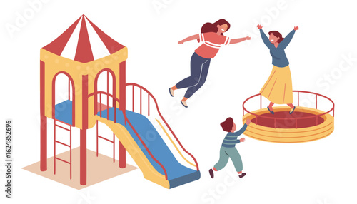 Set of people jumping on trampoline. Happy families with children and adults spend time on playground with trampoline and bouncy house. Cartoon flat vector illustration isolated on white background

