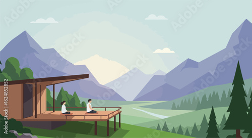 People Meditating on Deck Overlooking Mountains and Trees in Tranquil Background