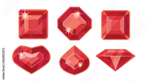 six shiny red gemstones in different shapes on a white background surface view