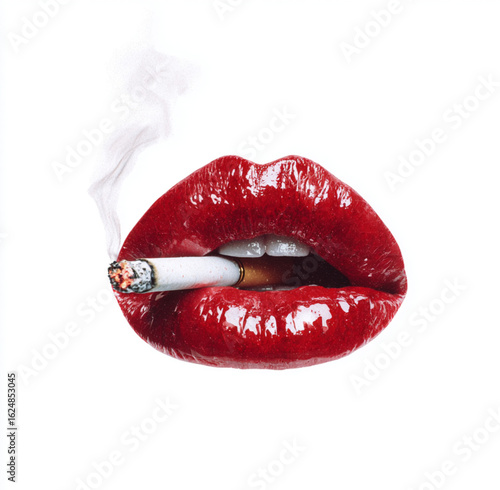 a pair of lips on a white background, smoking a cigarette.