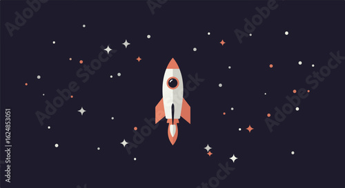 Rocket takes off into the dark star-filled space. Banner or poster graphic