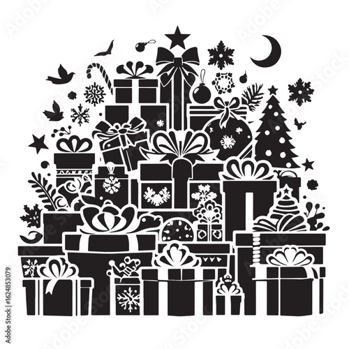  black Christmas present pile Silhouette Vector, High Quality Illustration on White Background