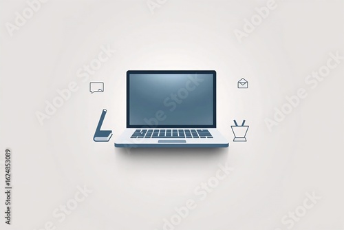 Online education background with interactive icons and open textbook.