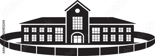 School Building Silhouette with Circular Fence Education Institution Campus Security Perimeter