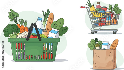 Grocery basket, shopping cart, and paper bag filled with assorted food items—vegetables, fruits, bread, milk, water, and packaged goods—on white background