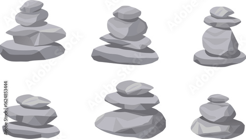 Six stone cairns stacked in an artistic arrangement on a white background creating balance and harmony