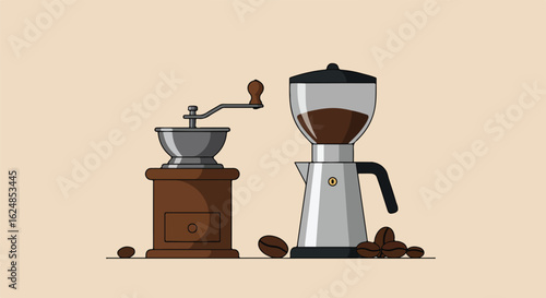 Coffee grinders & beans on beige background, illustration for cafe menu
