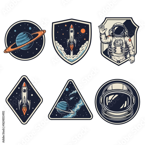 Collection of Retro Style Space Exploration Badges featuring Planets Astronauts and Rockets for SciFi Designs and Exploration Themes