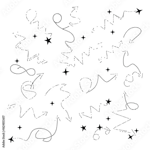 Dotted Line Arrows and Star Symbols on White Background Directional Graphics and Wayfinding Elements Decorative Design Resource