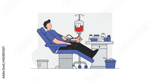 Donor in a blood donation drive, background with medical supplies; to promote health
