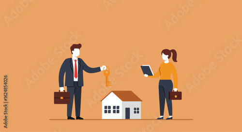 Agent handing keys to buyer, house background, depicts property purchase use