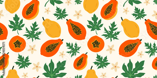 Vintage seamless pattern Papaya. Trendy seamless pattern with Papaya. Fruit background with hand drawn Papaya, flowers and leaves. Modern abstract design for paper, cover, fabric	
