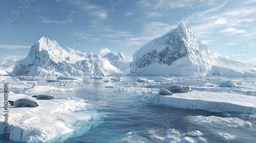 Fototapeta Naklejka Na Ścianę i Meble -  Panoramic view of a serene Antarctic landscape featuring snow-covered mountains, ice floes, and seals basking on ice.  Bright, clear sky; tranquil waters