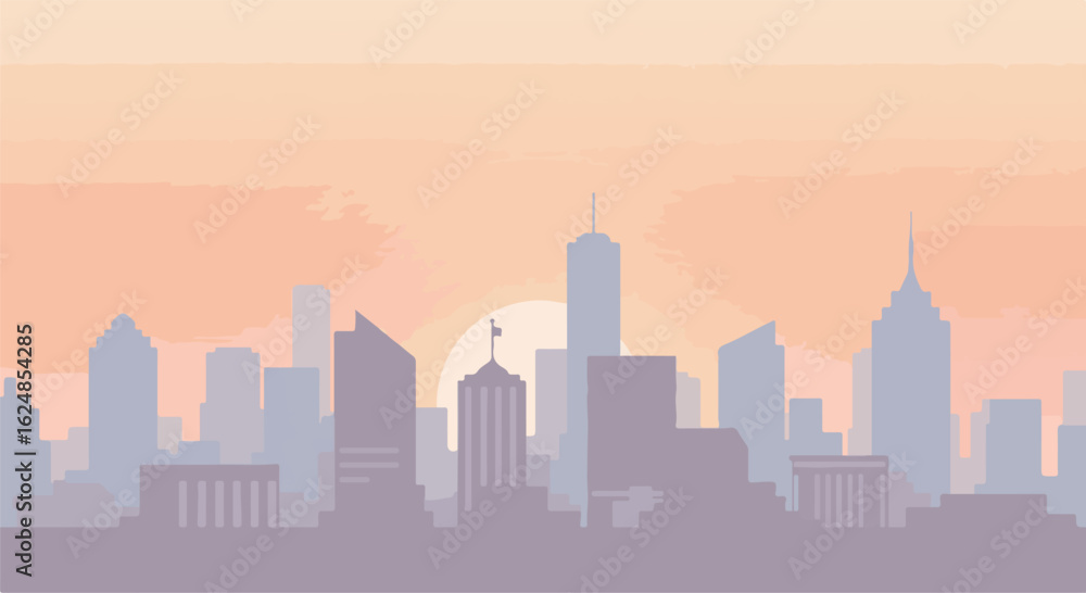Fototapeta premium Cityscape silhouette with sun setting in gradient sky; design element