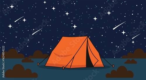 Camping tent under starry sky, shooting stars, graphic vector for web or presentation