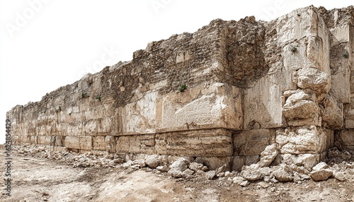 Panoramic photograph of the Western Wall in Jerusalem, with rocks and debris on the ground, captured from a low angle, high-resolution photography, incredibly detailed, fine details, isolated against 