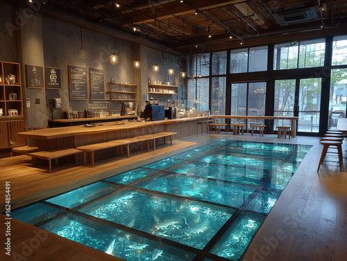 A coffee shop where the floor is a giant glass panel showing a glowing koi pond beneath