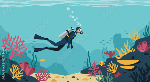 Scuba diver swims near coral reef; bubbles rise, fish school in the distance