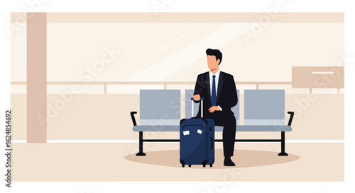 Man waiting with suitcase at airport terminal gate; vacant seats in background