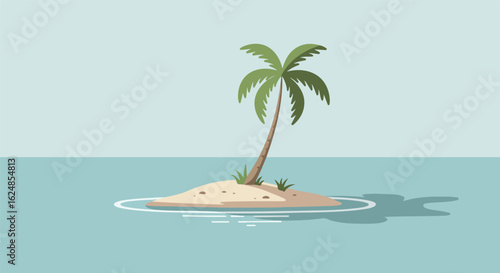 Palm tree alone on tropical desert island in ocean. Use for vacation ads