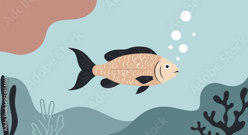 Fish swimming with bubbles in the sea and algae in the background for marine life visuals