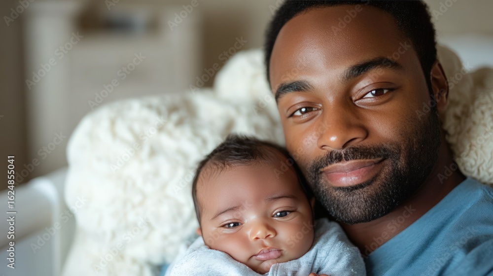 Close-up of a man holding his baby, both with pleasant expressions Close-up of a man holding his baby, both with pleasant expressions